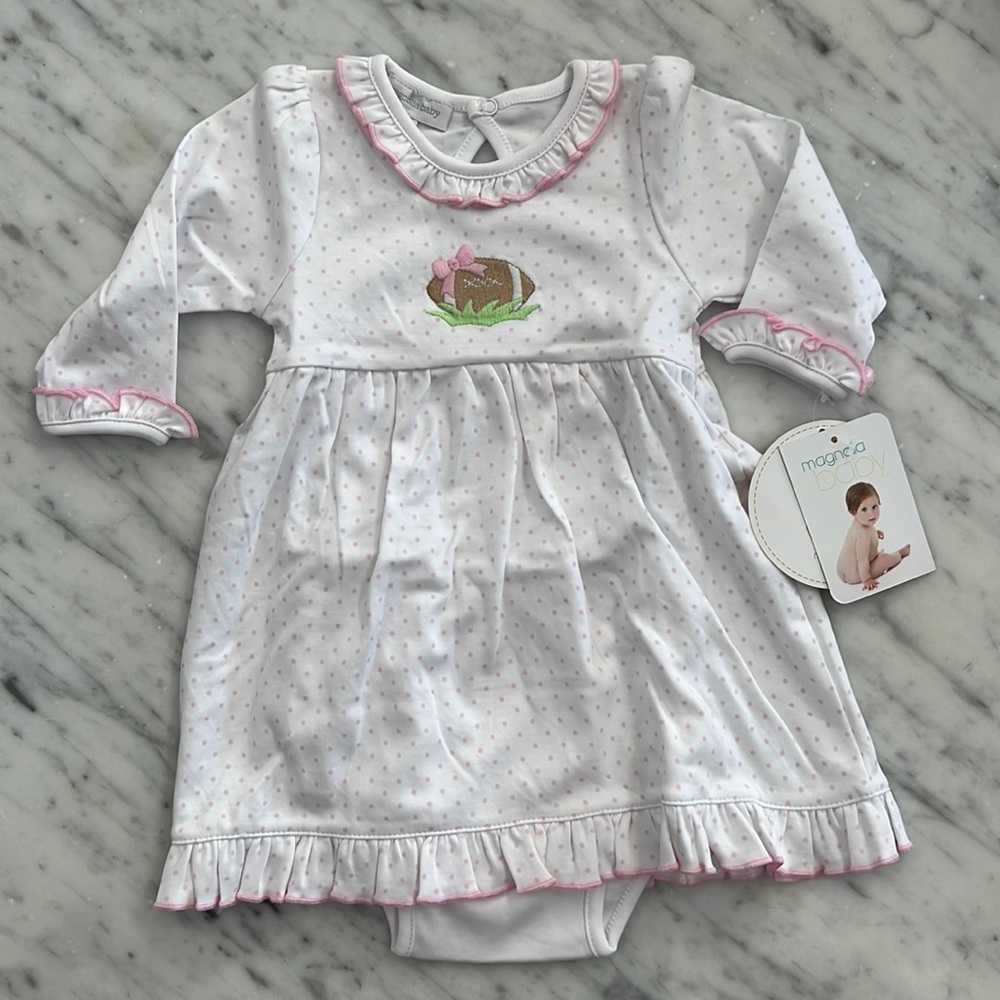 New Magnolia Baby Girl Pink Football Embroidered Infant Dress and Bloomer Set